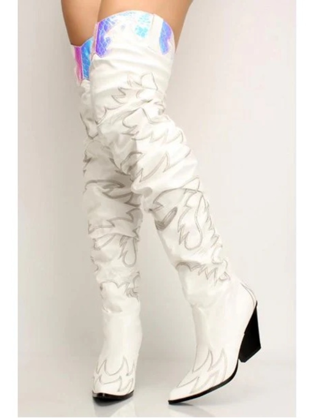Cape Robbin White Over-the-Knee Western Boots with Iridescent Trim